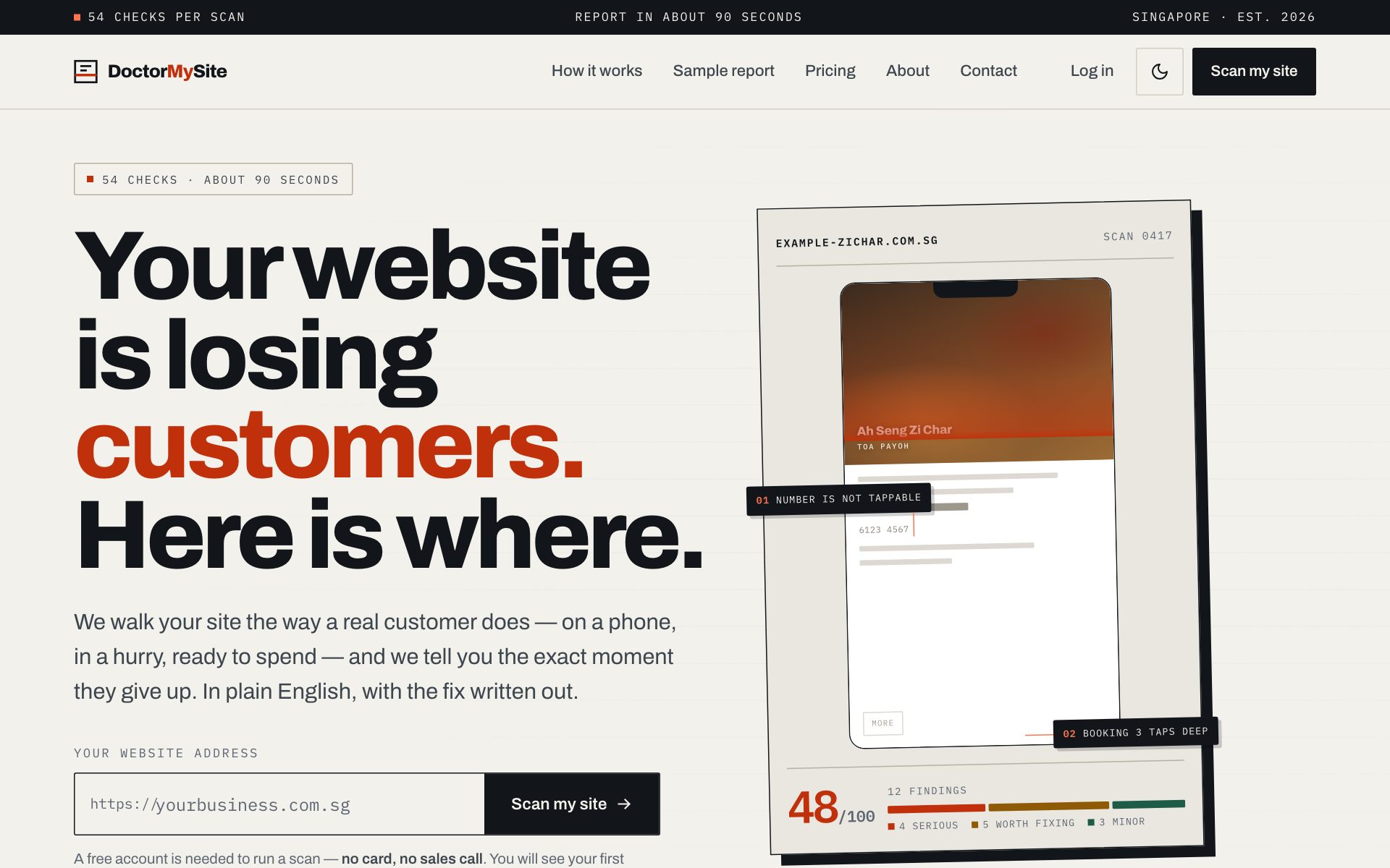 DoctorMySite homepage: headline Your website is losing customers. Here is where., with a website address input, and a sample report card scoring 48 out of 100 with annotated findings.