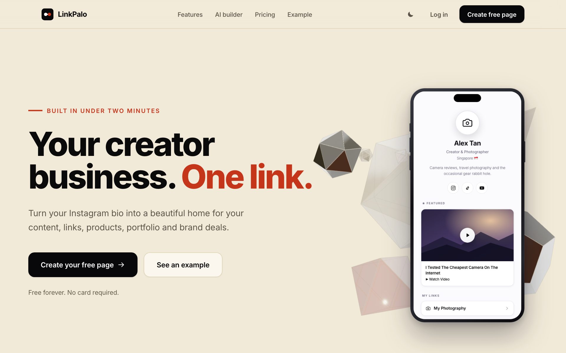 LinkPalo homepage: light warm background, bold black headline Your creator business. One link., with One link in red, and a phone mockup showing a real creator profile.