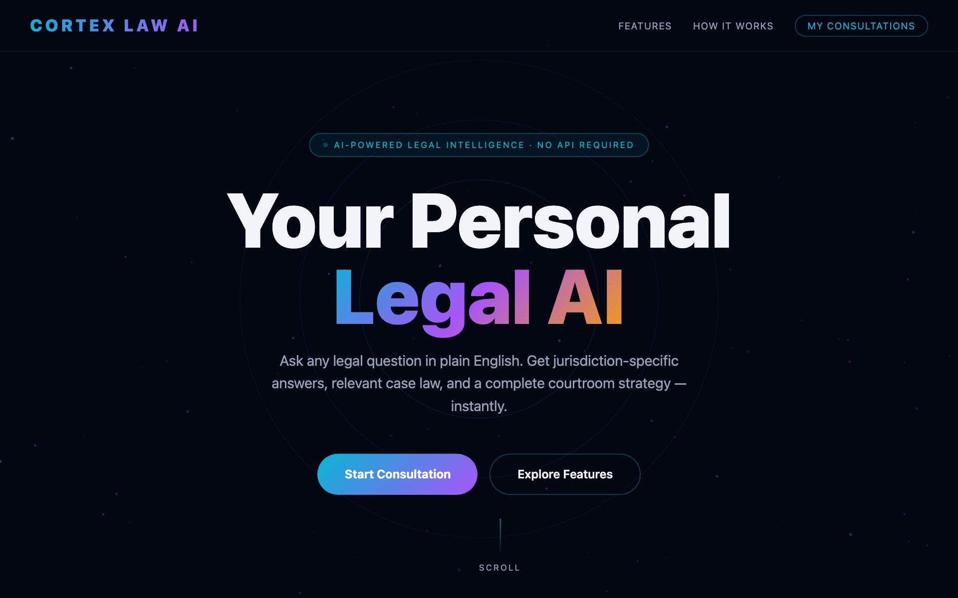 Veldan's early Cortex Law AI landing page: near-black background, gradient Legal AI headline in blue, purple and orange, a pill badge and two rounded buttons.