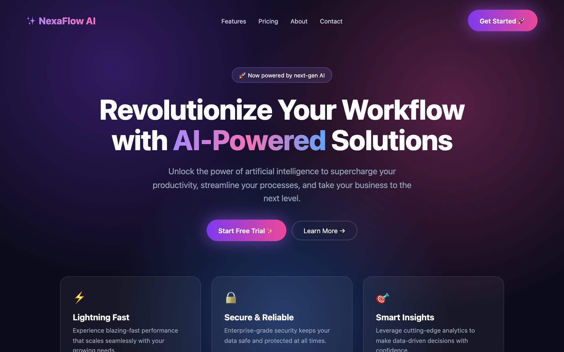 A generic AI-generated landing page: dark purple background with glowing blobs, gradient headline reading Revolutionize Your Workflow with AI-Powered Solutions, rocket emoji badges and three glass cards with emoji icons.